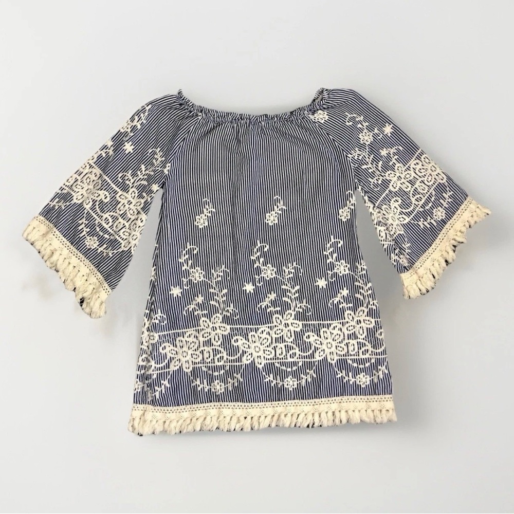 Velzera Floral Embroidered Peasant Tunic Off Shoulder Bohemian Mini Dress‎ Sz S